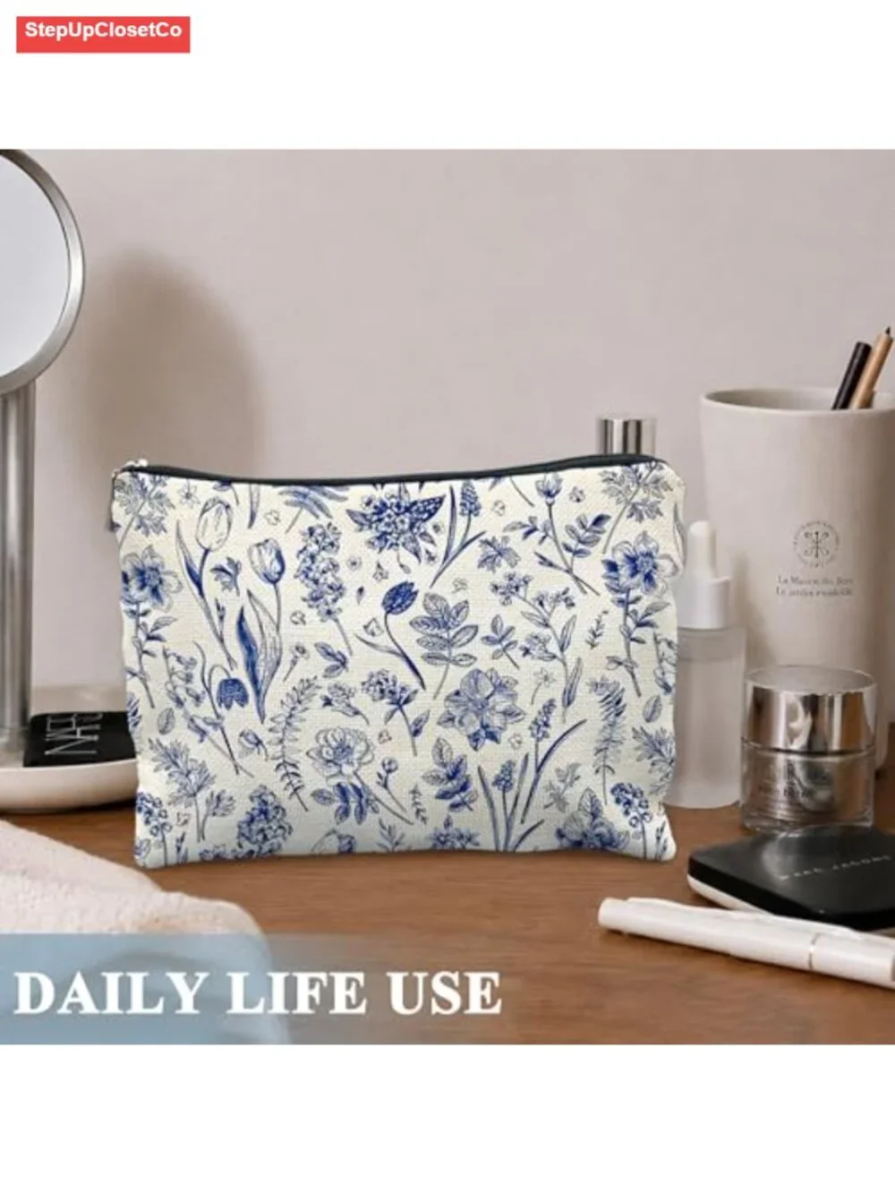 Linen Cosmetic Bag with Zipper - Floral Makeup Organizer for Women